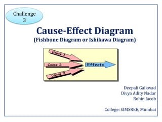 Cause-Effect Diagram
(Fishbone Diagram or Ishikawa Diagram)
Challenge
3
Deepali Gaikwad
Divya Adity Nadar
Rohin Jacob
College: SIMSREE, Mumbai
 