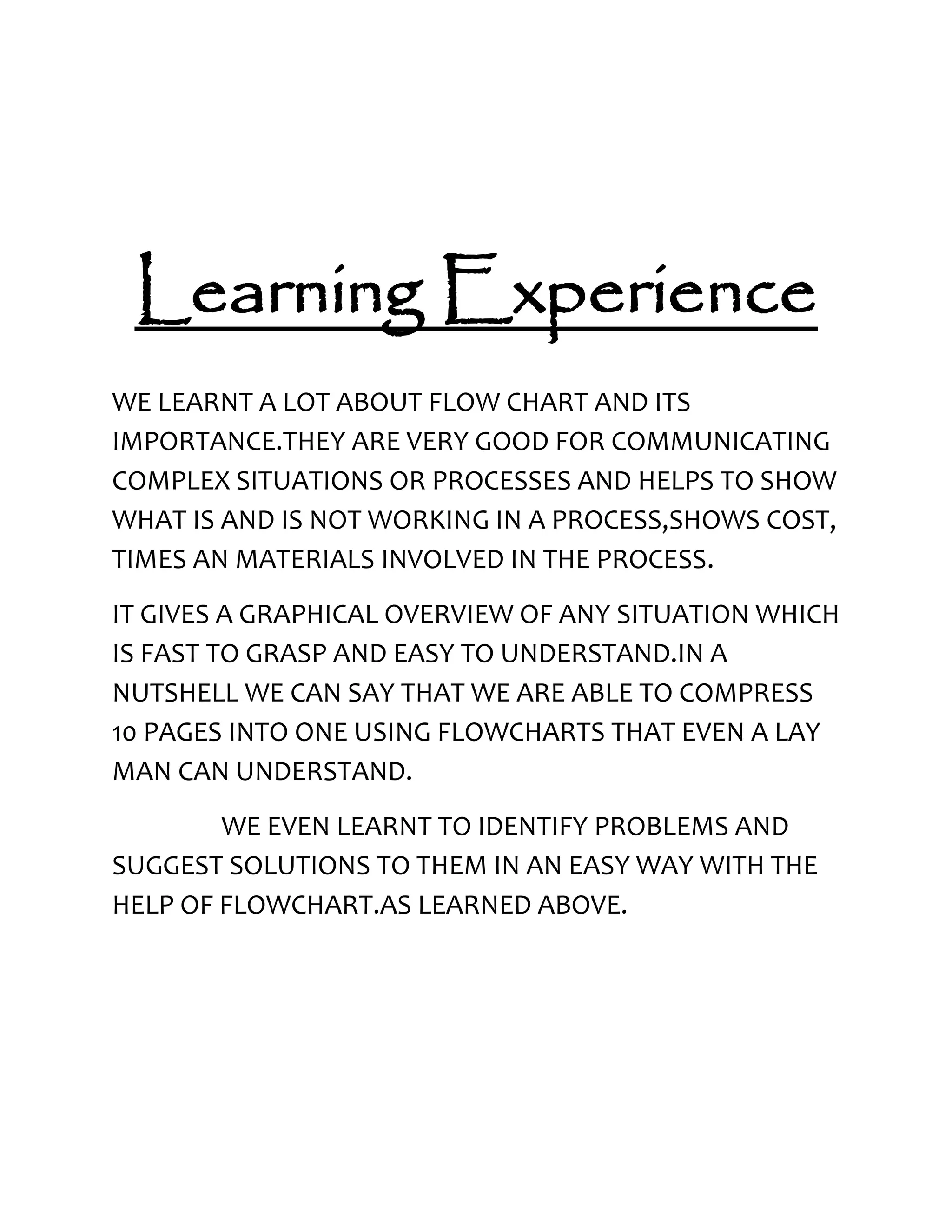 Learning Experience
WE LEARNT A LOT ABOUT FLOW CHART AND ITS
IMPORTANCE.THEY ARE VERY GOOD FOR COMMUNICATING
COMPLEX SITUATIONS OR PROCESSES AND HELPS TO SHOW
WHAT IS AND IS NOT WORKING IN A PROCESS,SHOWS COST,
TIMES AN MATERIALS INVOLVED IN THE PROCESS.
IT GIVES A GRAPHICAL OVERVIEW OF ANY SITUATION WHICH
IS FAST TO GRASP AND EASY TO UNDERSTAND.IN A
NUTSHELL WE CAN SAY THAT WE ARE ABLE TO COMPRESS
10 PAGES INTO ONE USING FLOWCHARTS THAT EVEN A LAY
MAN CAN UNDERSTAND.
WE EVEN LEARNT TO IDENTIFY PROBLEMS AND
SUGGEST SOLUTIONS TO THEM IN AN EASY WAY WITH THE
HELP OF FLOWCHART.AS LEARNED ABOVE.
 