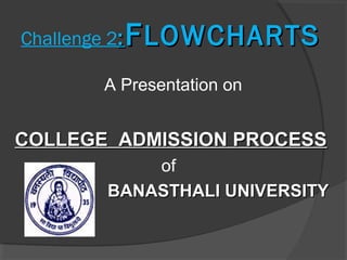 Challenge 2:: FFLOWCHARTSLOWCHARTS
A Presentation on
COLLEGE ADMISSION PROCESSCOLLEGE ADMISSION PROCESS
of
BANASTHALI UNIVERSITYBANASTHALI UNIVERSITY
 