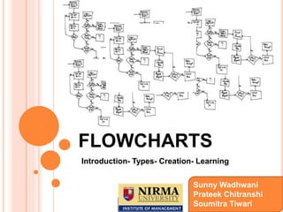 FLOWCHARTS
Introduction- Types- Creation- Learning
Sunny Wadhwani
Prateek Chitranshi
Soumitra Tiwari
 