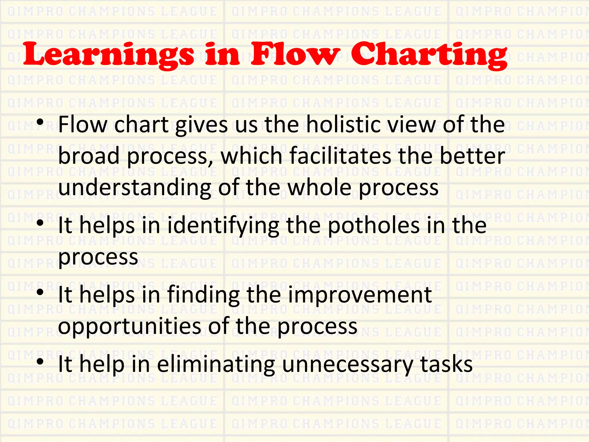 Learnings in Flow Charting
• Flow chart gives us the holistic view of the
broad process, which facilitates the better
understanding of the whole process
• It helps in identifying the potholes in the
process
• It helps in finding the improvement
opportunities of the process
• It help in eliminating unnecessary tasks
 