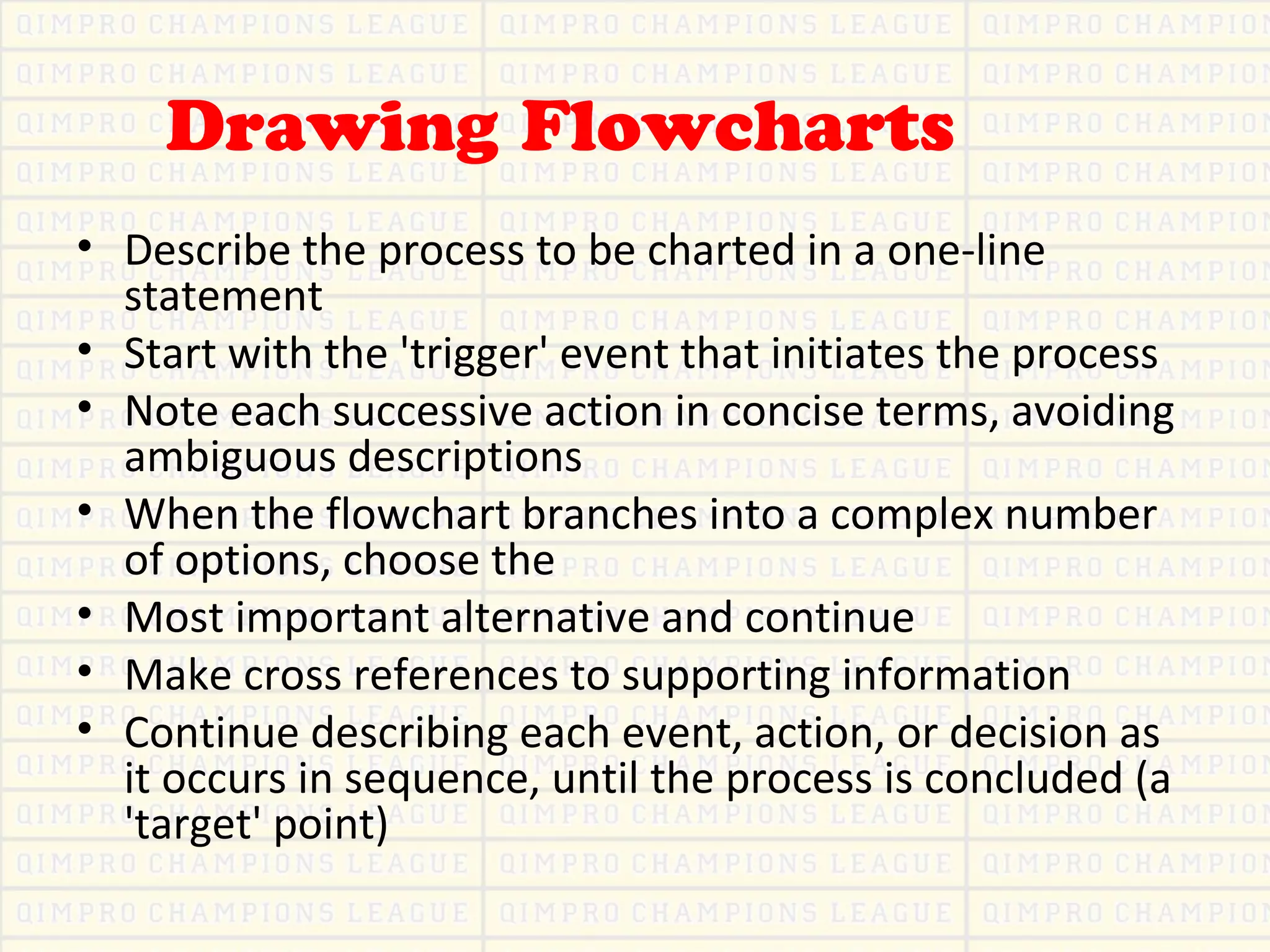 Drawing Flowcharts
• Describe the process to be charted in a one-line
statement
• Start with the 'trigger' event that initiates the process
• Note each successive action in concise terms, avoiding
ambiguous descriptions
• When the flowchart branches into a complex number
of options, choose the
• Most important alternative and continue
• Make cross references to supporting information
• Continue describing each event, action, or decision as
it occurs in sequence, until the process is concluded (a
'target' point)
 