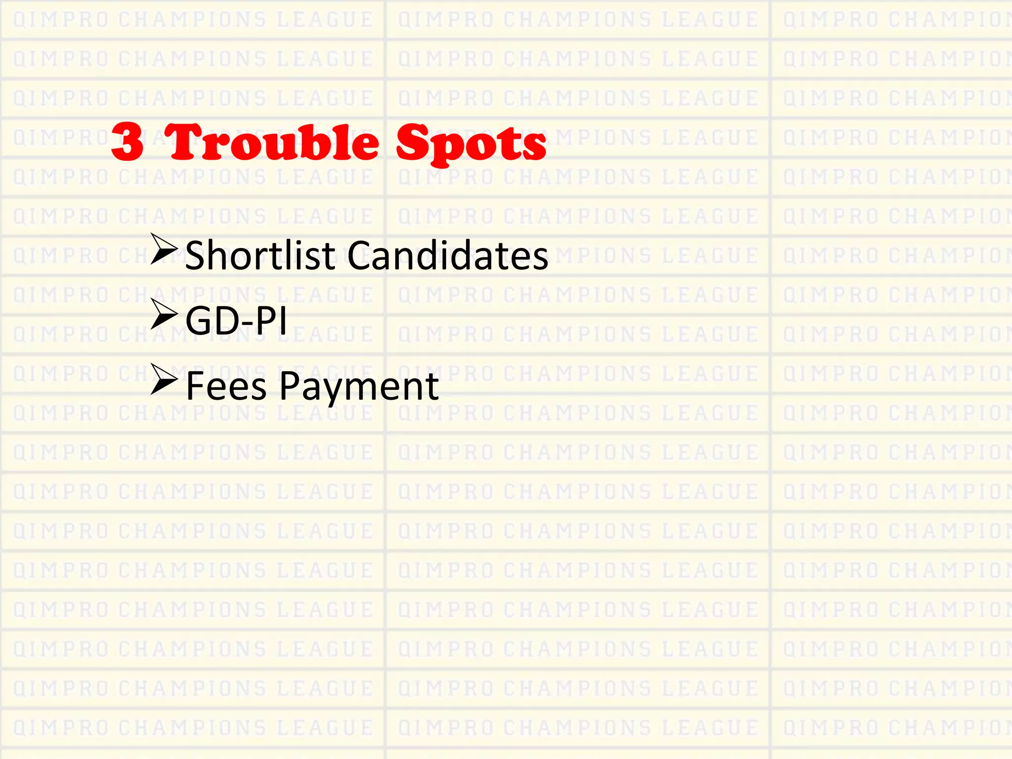 3 Trouble Spots
Shortlist Candidates
GD-PI
Fees Payment
 