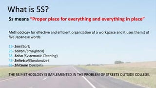 What is 5S?
Methodology for effective and efficient organization of a workspace and it uses the list of
five Japanese words.
1S- Seiri(Sort)
2S- Seiton (Straighten)
3S- Seiso (Systematic Cleaning)
4S- Seiketsu(Standardize)
5S- Shitsuke (Sustain)
THE 5S METHODLOGY IS IMPLEMENTED IN THE PROBLEM OF STREETS OUTSIDE COLLEGE.
5s means “Proper place for everything and everything in place”
 