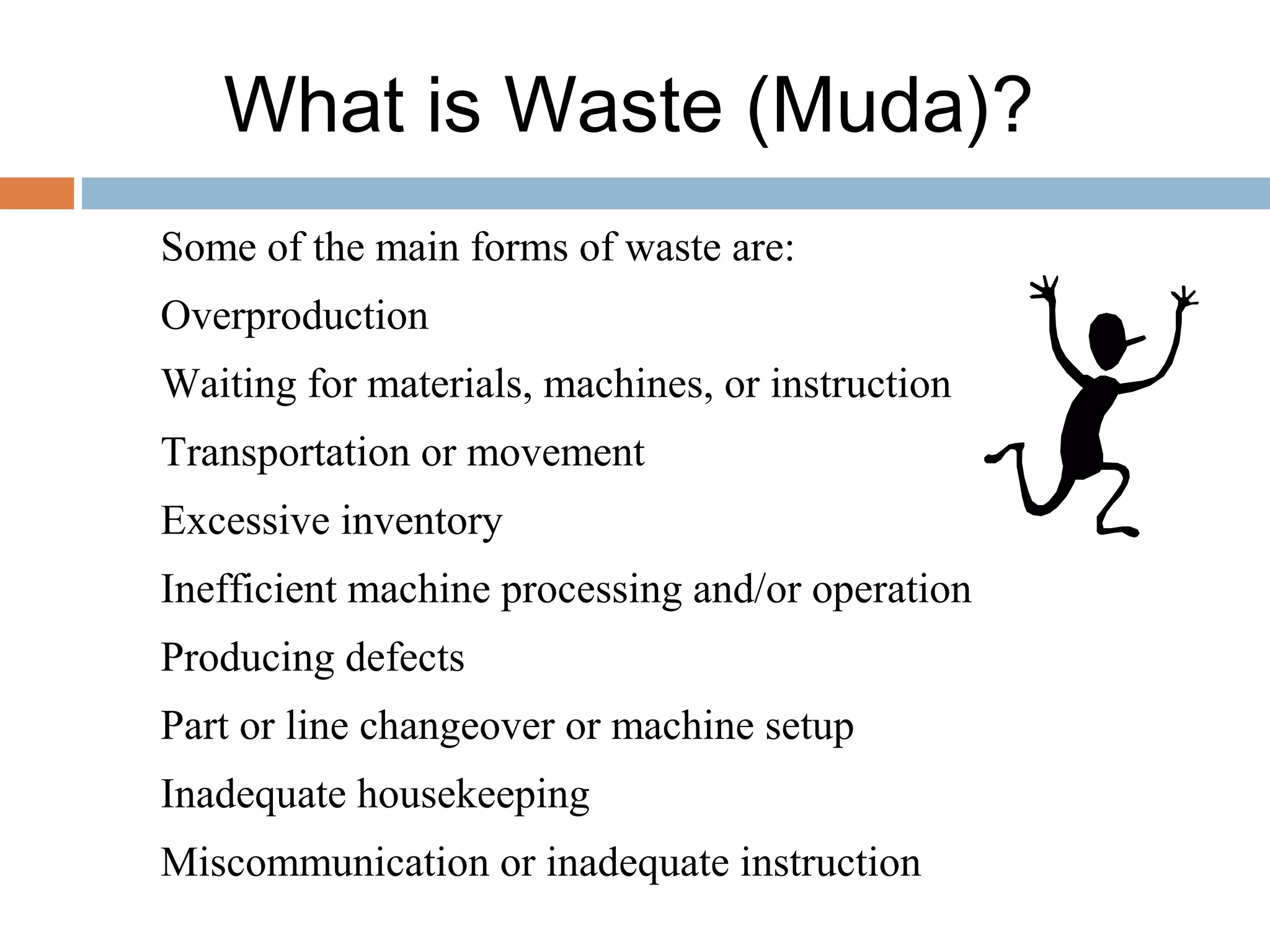 What is Waste (Muda)?
Some of the main forms of waste are:
Overproduction
Waiting for materials, machines, or instruction
Transportation or movement
Excessive inventory
Inefficient machine processing and/or operation
Producing defects
Part or line changeover or machine setup
Inadequate housekeeping
Miscommunication or inadequate instruction
 