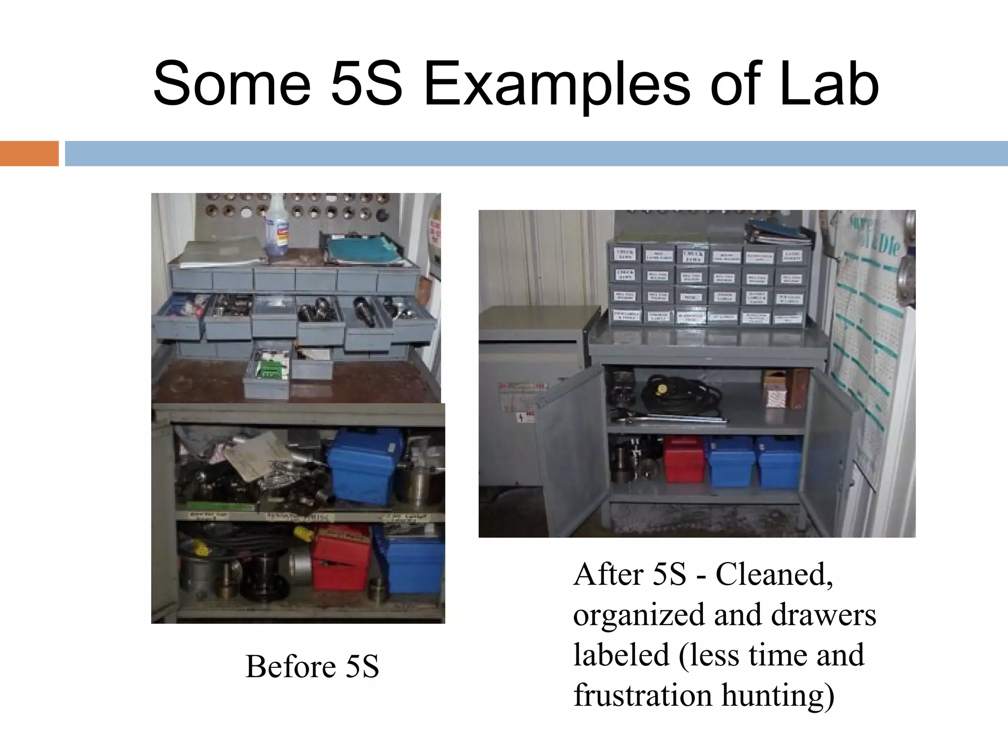 Some 5S Examples of Lab
Before 5S
After 5S - Cleaned,
organized and drawers
labeled (less time and
frustration hunting)
 