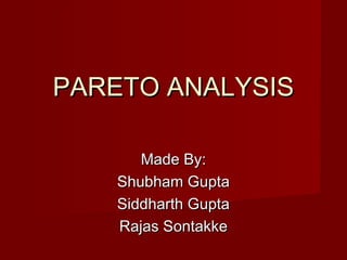 PARETO ANALYSISPARETO ANALYSIS
Made By:Made By:
Shubham GuptaShubham Gupta
Siddharth GuptaSiddharth Gupta
Rajas SontakkeRajas Sontakke
 