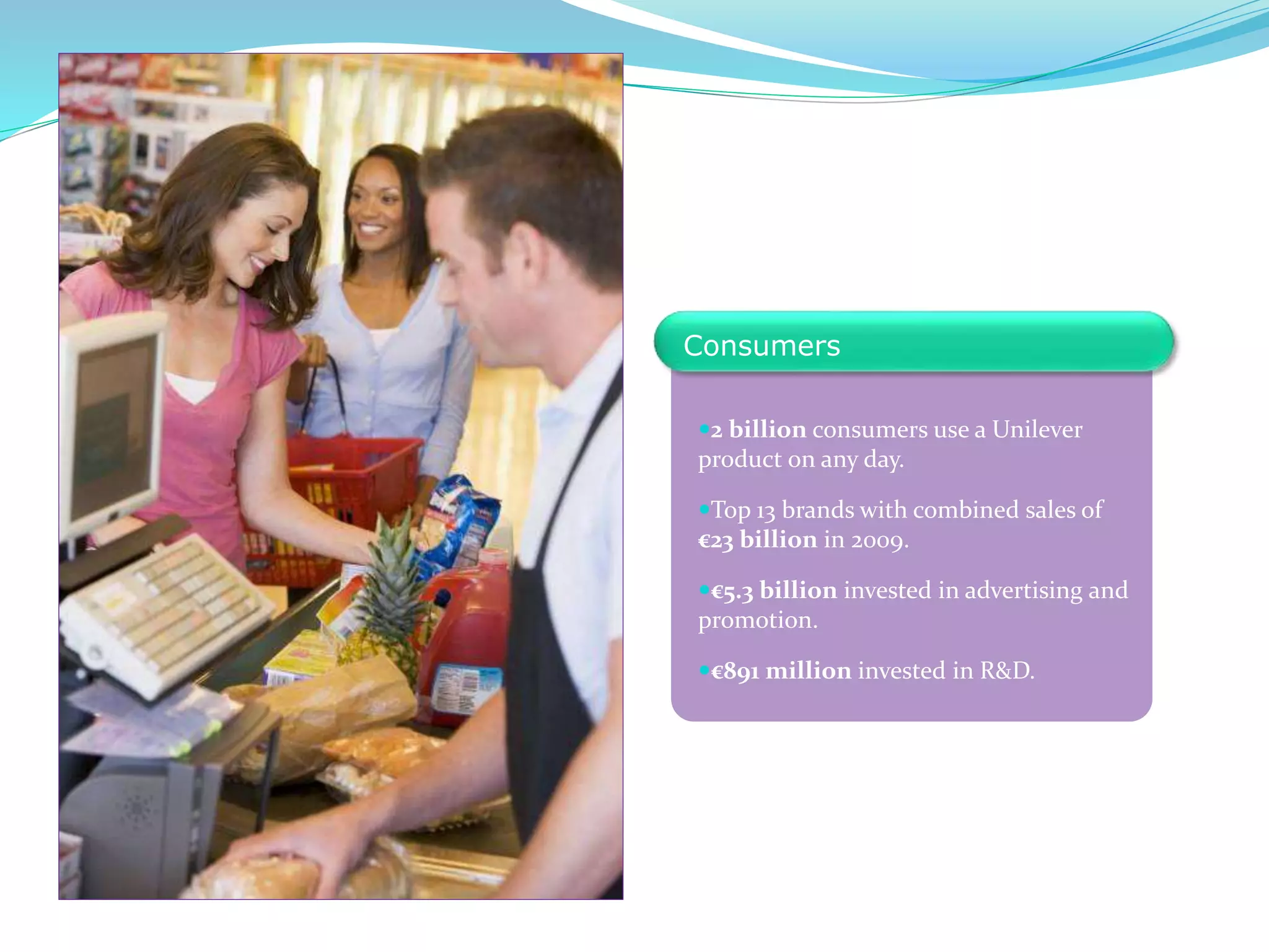 2 billion consumers use a Unilever
product on any day.
Top 13 brands with combined sales of
€23 billion in 2009.
€5.3 billion invested in advertising and
promotion.
€891 million invested in R&D.
Consumers
 