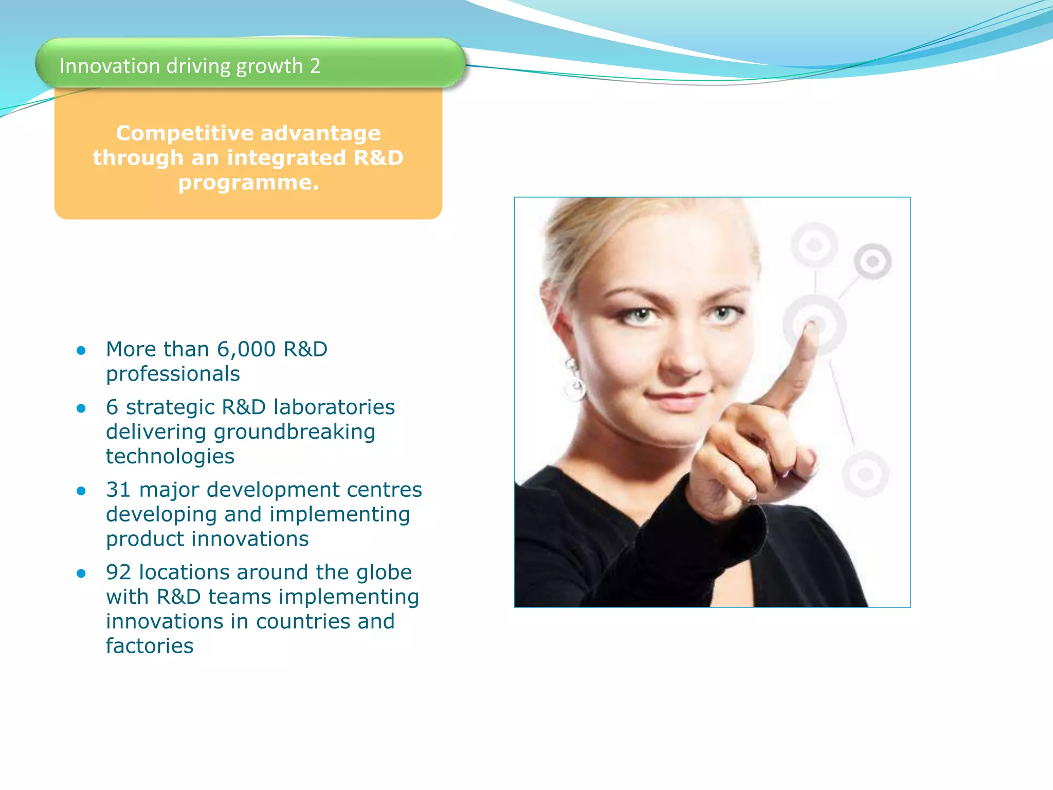 Competitive advantage
through an integrated R&D
programme.
Innovation driving growth 2
● More than 6,000 R&D
professionals
● 6 strategic R&D laboratories
delivering groundbreaking
technologies
● 31 major development centres
developing and implementing
product innovations
● 92 locations around the globe
with R&D teams implementing
innovations in countries and
factories
 