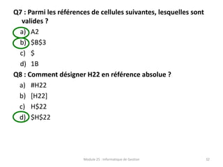 Q7 : Parmi les références de cellules suivantes, lesquelles sont
valides ?
a) A2
b) $B$3
c) $
d) 1B
Q8 : Comment désigner H22 en référence absolue ?
a) #H22
b) [H22]
c) H$22
d) $H$22
Module 25 : Informatique de Gestion 32
 