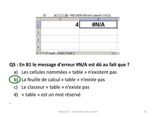 Q5 : En B1 le message d'erreur #N/A est dû au fait que ?
a) Les cellules nommées « table » n’existent pas
b) La feuille de calcul « table » n’existe pas
c) Le classeur « table » n’existe pas
d) « table » est un mot réservé
.
Module 25 : Informatique de Gestion 35
 