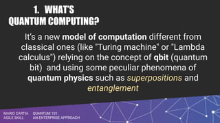 QUANTUM 101:
AN ENTERPRISE APPROACH
MARIO CARTIA
AGILE SKILL
1. WHAT’S
QUANTUM COMPUTING?
It’s a new model of computation different from
classical ones (like "Turing machine" or "Lambda
calculus") relying on the concept of qbit (quantum
bit) and using some peculiar phenomena of
quantum physics such as superpositions and
entanglement
 