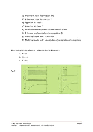 a) Présente un indice de protection 1001
               b) Présente un indice de protection 55
               c) Appartient à la classe S
               d) Appartient à la classe F
               e) Les enroulements supportent un échauffement de 105°
               f) Prévu pour un régime de fonctionnement type S1
               g) Machine protégée contre la poussière
               h) Machine protégée contre les projections d'eau dans toutes les directions




20) Le diagramme de la figure 6 représente deux services types :
           a. S1 et S2
           b. S3 et S4
           c. S7 et S8




Fig. 6




QCM- Machines Electriques                                                            Page 5
Chapitre I : Introduction à la conversion électromécanique
 