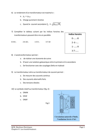 6) Le rendement d’un transformateur est maximal si :
           a.
           b. Charge purement résistive

           c. Quand le courant secondaire


7) Compléter le tableau suivant par les indices horaires des
    transformateurs pouvant être mis en parallèle                       Indice horaire
                                                                            0-……-8
0-4-8 ;         2-6-10 ;       1-5-9 ;       3-7-10                         2- 6 -….
                                                                            1- …..-9
                                                                            3-7-……
8) L’autotransformateur permet :
           a. de réaliser une économie de cuivre
           b. D’avoir une isolation galavanique entre le primaire et le secondaire
           c. De fonctionner avec des couplages Delta en triphasé


9) Le transformateur série ou transformateur de courant permet :
           a. De mesurer des courants continus
           b. Des courants alternatifs forts
           c. Des tensions élevées


10) Le symbole relatif au transformateur (fig. 2) :
           a. ONAN
           b. OFAF
           c. ONAF
                                             Fig.2




QCM- Machines Electriques                                                              Page 2
Chapitre II : Les transformateurs
 