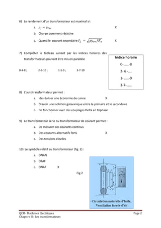 6) Le rendement d’un transformateur est maximal si :
           a.                                                           X
           b. Charge purement résistive

           c. Quand le courant secondaire                               X


7) Compléter le tableau suivant par les indices horaires des
    transformateurs pouvant être mis en parallèle                       Indice horaire
                                                                            0-……-8
0-4-8 ;         2-6-10 ;       1-5-9 ;       3-7-10                         2- 6 -….
                                                                            1- …..-9
                                                                            3-7-……
8) L’autotransformateur permet :
           a. de réaliser une économie de cuivre                 X
           b. D’avoir une isolation galavanique entre le primaire et le secondaire
           c. De fonctionner avec des couplages Delta en triphasé


9) Le transformateur série ou transformateur de courant permet :
           a. De mesurer des courants continus
           b. Des courants alternatifs forts                     X
           c. Des tensions élevées


10) Le symbole relatif au transformateur (fig. 2) :
           a. ONAN
           b. OFAF
           c. ONAF            X
                                             Fig.2




QCM- Machines Electriques                                                              Page 2
Chapitre II : Les transformateurs
 