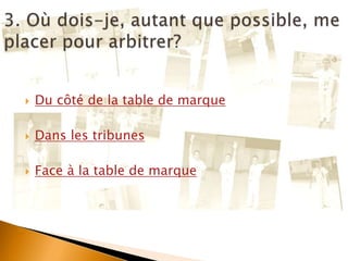 Du côté de la table de marque
 Dans les tribunes
 Face à la table de marque
 
