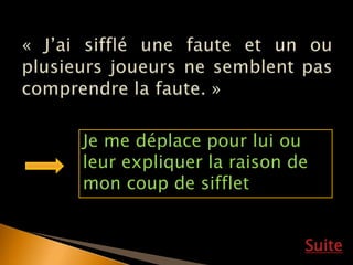 Je me déplace pour lui ou
leur expliquer la raison de
mon coup de sifflet
Suite
 