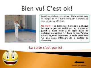La suite c’est par ici
Signalement d’un entre deux : Un bras levé avec
les doigts en V, l’autre indiquant l’endroit où
celui-ci va être effectué.
Art. 16.4.1 : La balle est « hors jeu » à chaque
fois que le jeu est arrêté par les arbitres et
quand la balle vient à se loger dans les
jambières du gardien […] Dans ce cas, l’arbitre
arrêtera le jeu et ordonnera un entre deux dans
l’un des coins inférieurs de la surface de
réparation.
Revenir à la question
 