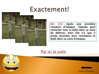 Par ici la suite
Art. 8.3: Après une première
situation d’attaque, l’équipe peut
retourner avec la balle dans sa zone
de défense, mais elle n’a que 5
(cinq) secondes pour reconduire la
balle dans sa zone d’attaque.
Revenir à la question
 