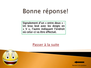 Passer à la suite
Signalement d’un « entre deux » :
Un bras levé avec les doigts en
« V », l’autre indiquant l’endroit
où celui-ci va être effectué.
Revenir à la question
 