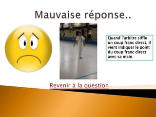 Revenir à la question
Quand l’arbitre siffle
un coup franc direct, il
vient indiquer le point
du coup franc direct
avec sa main.
 