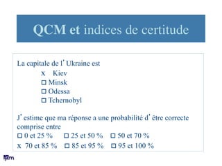 QCM et indices de certitude	

La capitale de l’Ukraine est
x Kiev
o Minsk
o Odessa
o Tchernobyl
J’estime que ma réponse...