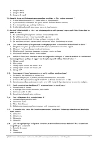 QCM réseaux informatiques, réalisé par A.MAZOUL enseignant-chercheur à l’EST d’Agadir 9
B. Une prise RJ-11
C. Une prise RJ-45
D. Une prise de type F
Q8. Laquelle des caractéristiques suivantes s’applique au câblage en fibre optique monomode ?
A. Il utilise habituellement des LED comme source du signal lumineux.
B. Il possède un cœur relativement plus gros et présente différents chemins lumineux.
C. Il est moins coûteux que le câblage multimode.
D. Il utilise habituellement le laser comme source du signal lumineux
Q9. En cas d’utilisation de fils en cuivre non blindés en paire torsadée, par quoi est provoquée l’interférence dans les
paires de câble ?
A. Par le champ magnétique produit autour des paires de fil adjacentes
B. Par le fil tressé servant à blinder la paire de fils adjacents
C. Par la répercussion de l’onde électrique sur l’autre extrémité du câble
D. Par la collision provoquée par deux nœuds qui tentent d’utiliser simultanément le support
Q10. Quel est l’un des rôles principaux de la couche physique dans la transmission de données sur le réseau ?
A. Elle génère les signaux qui représentent les bits de chaque trame transitant sur les supports.
B. Elle assure l’adressage physique vers les périphériques.
C. Elle détermine le chemin que les paquets empruntent à travers le réseau.
D. Elle contrôle l’accès aux données sur les supports.
Q11. Lorsqu’un réseau local est installé sur un site qui présente des risques en termes d’électricité et d’interférences
électromagnétiques, quel type de support faut-il employer pour le câblage d’infrastructure ?
A. Câblage coaxial
B. Fibre optique
C. Câblage à paire torsadée non blindée Cat5e
D. Câblage à paire torsadée non blindée Cat6
E. Câblage STP
Q12. Que se passe-t-il lorsqu’un connecteur est mal branché sur un câble réseau ?
A. Les données sont transférées au mauvais nœud.
B. Une perte du signal peut se produire pour les données transmises par ce câble.
C. L’émission des signaux sera inadéquate pour toutes les données transmises via ce câble.
D. La méthode de codage des données envoyées sur ce câble change de façon à compenser la connexion inadaptée.
Q13. Quelle caractéristique du câblage UTP permet de limiter les interférences ?
A. Le métal tressé du blindage
B. L’enveloppe réfléchissante entourant la partie centrale
C. La torsade des fils du câble
D. Le matériau isolant de la gaine extérieure
Q14. Quel est l’avantage de la technologie sans fil ?
A. Une mobilité plus grande des hôtes
B. Une sécurité accrue
C. Moins d’interférences
D. Réduction des incidences de l’environnement sur la zone de couverture
Q15. L’administrateur réseau doit connecter deux routeurs directement via leurs ports FastEthernet. Quel câble
doit-il utiliser ?
A. Câble droit
B. Câble inversé
C. Câble croisé
D. Câble série
Q16. Quel est le périphérique chargé de la conversion de données du fournisseur d’internet WAN en un format
acceptable pour le routeur ?
A. Port série du routeur
B. Modem
C. Commutateur
 