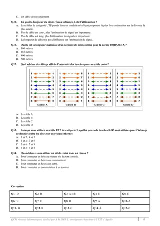 QCM réseaux informatiques, réalisé par A.MAZOUL enseignant-chercheur à l’EST d’Agadir 12
C. Un câble de raccordement
Q30. En quoi la longueur du câble réseau influence-t-elle l'atténuation ?
A. Les câbles de catégorie UTP passés dans un conduit métallique proposent la plus forte atténuation sur la distance la
plus courte.
B. Plus le câble est court, plus l'atténuation du signal est importante.
C. Plus le câble est long, plus l'atténuation du signal est importante.
D. La longueur du câble n'a pas d'influence sur l'atténuation du signal.
Q31. Quelle est la longueur maximale d'un segment de média utilisé pour la norme 100BASETX ?
A. 100 mètres
B. 185 mètres
C. 400 mètres
D. 500 mètres
Q32. Quel schéma de câblage affiche l'extrémité des broches pour un câble croisé?
A. Le câble A
B. Le câble B
C. Le câble C
D. Le câble D
Q33. Lorsque vous utilisez un câble UTP de catégorie 5, quelles paires de broches RJ45 sont utilisées pour l'échange
de données entre les hôtes sur un réseau Ethernet
A. 1 et 2 ; 4 et 5
B. 1 et 2 ; 3 et 6
C. 3 et 6 ; 7 et 8
D. 4 et 5 ; 4 et 8
Q34. Quand devez-vous utiliser un câble croisé dans un réseau ?
A. Pour connecter un hôte au routeur via le port console.
B. Pour connecter un hôte à un commutateur.
C. Pour connecter un hôte à un autre.
D. Pour connecter un commutateur à un routeur.
Correction
Q1. D Q2. B Q3. A et E Q4. C Q5. C
Q6. C Q7. C Q8. D Q9. A Q10. A
Q11. B Q12. B Q13. C Q14. A Q15. C
 