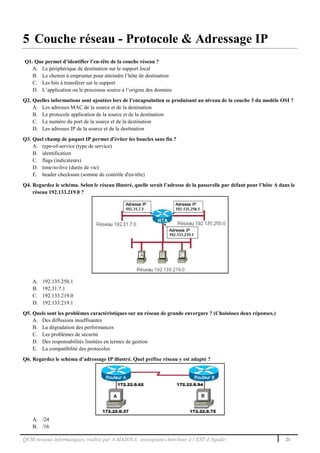 QCM réseaux informatiques, réalisé par A.MAZOUL enseignant-chercheur à l’EST d’Agadir 21
5 Couche réseau - Protocole & Adressage IP
Q1. Que permet d’identifier l’en-tête de la couche réseau ?
A. Le périphérique de destination sur le support local
B. Le chemin à emprunter pour atteindre l’hôte de destination
C. Les bits à transférer sur le support
D. L’application ou le processus source à l’origine des données
Q2. Quelles informations sont ajoutées lors de l’encapsulation se produisant au niveau de la couche 3 du modèle OSI ?
A. Les adresses MAC de la source et de la destination
B. Le protocole application de la source et de la destination
C. Le numéro du port de la source et de la destination
D. Les adresses IP de la source et de la destination
Q3. Quel champ de paquet IP permet d'éviter les boucles sans fin ?
A. type-of-service (type de service)
B. identification
C. flags (indicateurs)
D. time-to-live (durée de vie)
E. header checksum (somme de contrôle d'en-tête)
Q4. Regardez le schéma. Selon le réseau illustré, quelle serait l’adresse de la passerelle par défaut pour l’hôte A dans le
réseau 192.133.219.0 ?
A. 192.135.250.1
B. 192.31.7.1
C. 192.133.219.0
D. 192.133.219.1
Q5. Quels sont les problèmes caractéristiques sur un réseau de grande envergure ? (Choisissez deux réponses.)
A. Des diffusions insuffisantes
B. La dégradation des performances
C. Les problèmes de sécurité
D. Des responsabilités limitées en termes de gestion
E. La compatibilité des protocoles
Q6. Regardez le schéma d’adressage IP illustré. Quel préfixe réseau y est adapté ?
A. /24
B. /16
 