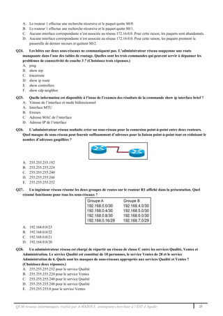 QCM réseaux informatiques, réalisé par A.MAZOUL enseignant-chercheur à l’EST d’Agadir 25
A. Le routeur 1 effectue une recherche récursive et le paquet quitte S0/0.
B. Le routeur 1 effectue une recherche récursive et le paquet quitte S0/1.
C. Aucune interface correspondante n’est associée au réseau 172.16.0.0. Pour cette raison, les paquets sont abandonnés.
D. Aucune interface correspondante n’est associée au réseau 172.16.0.0. Pour cette raison, les paquets prennent la
passerelle de dernier recours et quittent S0/2.
Q24. Les hôtes sur deux sous-réseaux ne communiquent pas. L’administrateur réseau soupçonne une route
manquante dans l’une des tables de routage. Quelles sont les trois commandes qui peuvent servir à dépanner les
problèmes de connectivité de couche 3 ? (Choisissez trois réponses.)
A. ping
B. show arp
C. traceroute
D. show ip route
E. show controllers
F. show cdp neighbor
Q25. Quelle information est disponible à l’issue de l’examen des résultats de la commande show ip interface brief ?
A. Vitesse de l’interface et mode bidirectionnel
A. Interface MTU
B. Erreurs
C. Adresse MAC de l’interface
D. Adresse IP de l’interface
Q26. L’administrateur réseau souhaite créer un sous-réseau pour la connexion point-à-point entre deux routeurs.
Quel masque de sous-réseau peut fournir suffisamment d’adresses pour la liaison point-à-point tout en réduisant le
nombre d’adresses gaspillées ?
A. 255.255.255.192
B. 255.255.255.224
C. 255.255.255.240
D. 255.255.255.248
E. 255.255.255.252
Q27. Un ingénieur réseau résume les deux groupes de routes sur le routeur R1 affiché dans la présentation. Quel
résumé fonctionne pour tous les sous-réseaux ?
A. 192.168.0.0/23
B. 192.168.0.0/22
C. 192.168.0.0/21
D. 192.168.0.0/20
Q28. Un administrateur réseau est chargé de répartir un réseau de classe C entre les services Qualité, Ventes et
Administration. Le service Qualité est constitué de 10 personnes, le service Ventes de 28 et le service
Administration de 6. Quels sont les masques de sous-réseaux appropriés aux services Qualité et Ventes ?
(Choisissez deux réponses.)
A. 255.255.255.252 pour le service Qualité
B. 255.255.255.224 pour le service Ventes
C. 255.255.255.240 pour le service Qualité
D. 255.255.255.248 pour le service Qualité
E. 255.255.255.0 pour le service Ventes
 