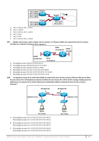QCM réseaux informatiques, réalisé par A.MAZOUL enseignant-chercheur à l’EST d’Agadir 39
A. 192.1.1.0/26 et 192.1.1.64/27
B. 192.1.1.128/25
C. 192.1.1.0/23 et 192.1.1.64/23
D. 192.1.1.0/24
E. 192.1.1.0/25
F. 192.1.1.0/24 et 192.1.1.64/24
Q27. Quelles sont les deux routes requises sur les routeurs A et B pour établir une connectivité entre les réseaux
192.168.1.0 et 10.0.0.0? (Choisissez deux réponses.)
A. A(config)# ip route 10.0.0.0 255.0.0.0 s0/1/0
B. A(config)# ip route 10.0.0.0 255.0.0.0 172.16.40.2
C. A(config)# ip route 10.0.0.0 255.0.0.0 s 0/0/0
D. B(config)# ip route 192.168.1.0 255.255.255.0 s0/0/0
E. B(config)# ip route 192.168.1.0 255.255.255.0 172.16.40.1
F. B(config)# ip route 192.168.1.0 255.255.255.0 s 0/1/0
Q28. Un ingénieur réseau de la société doit établir la connectivité entre les deux réseaux Ethernet afin que les hôtes
du sous-réseau 10.1.1.0/24 puissent contacter les hôtes du sous-réseau 10.1.2.0/24. Seul le routage statique peut être
utilisé pour ces routeurs de la société. Quel jeu de commandes établit la connectivité entre les deux réseaux
Ethernet ?
A. R1(config)# ip route 10.1.2.0 255.255.255.0 192.168.0.1
R2(config)# ip route 10.1.1.0 255.255.255.0 192.168.0.2
B. R1(config)# ip route 10.1.2.0 255.255.255.0 192.168.0.2
R2(config)# ip route 10.1.1.0 255.255.255.0 192.168.0.1
C. R1(config)# ip route 10.1.1.0 255.255.255.0 192.168.0.2
R2(config)# ip route 10.1.2.0 255.255.255.0 192.168.0.1
 