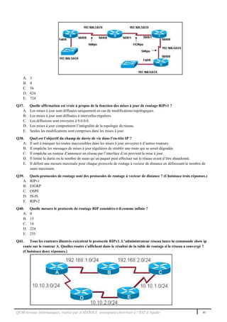 QCM réseaux informatiques, réalisé par A.MAZOUL enseignant-chercheur à l’EST d’Agadir 41
A. 3
B. 4
C. 56
D. 624
E. 724
Q37. Quelle affirmation est vraie à propos de la fonction des mises à jour de routage RIPv1 ?
A. Les mises à jour sont diffusées uniquement en cas de modifications topologiques.
B. Les mises à jour sont diffusées à intervalles réguliers.
C. Les diffusions sont envoyées à 0.0.0.0.
D. Les mises à jour comprennent l’intégralité de la topologie de réseau.
E. Seules les modifications sont comprises dans les mises à jour.
Q38. Quel est l’objectif du champ de durée de vie dans l’en-tête IP ?
A. Il sert à marquer les routes inaccessibles dans les mises à jour envoyées à d’autres routeurs.
B. Il empêche les messages de mises à jour régulières de rétablir une route qui se serait dégradée.
C. Il empêche un routeur d’annoncer un réseau par l’interface d’où provient la mise à jour.
D. Il limite la durée ou le nombre de sauts qu’un paquet peut effectuer sur le réseau avant d’être abandonné.
E. Il définit une mesure maximale pour chaque protocole de routage à vecteur de distance en définissant le nombre de
sauts maximum.
Q39. Quels protocoles de routage sont des protocoles de routage à vecteur de distance ? (Choisissez trois réponses.)
A. RIPv1
B. EIGRP
C. OSPF
D. IS-IS
E. RIPv2
Q40. Quelle mesure le protocole de routage RIP considère-t-il comme infinie ?
A. 0
B. 15
C. 16
D. 224
E. 255
Q41. Tous les routeurs illustrés exécutent le protocole RIPv1. L’administrateur réseau lance la commande show ip
route sur le routeur A. Quelles routes s’affichent dans le résultat de la table de routage si le réseau a convergé ?
(Choisissez deux réponses.)
 