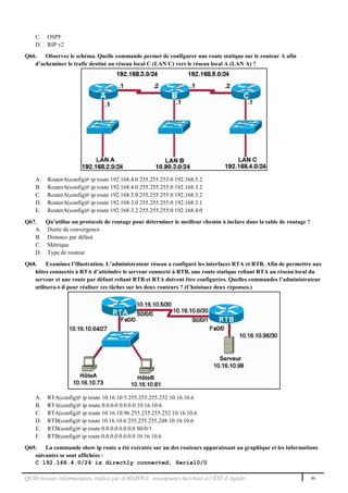QCM réseaux informatiques, réalisé par A.MAZOUL enseignant-chercheur à l’EST d’Agadir 46
C. OSPF
D. RIP v2
Q66. Observez le schéma. Quelle commande permet de configurer une route statique sur le routeur A afin
d’acheminer le trafic destiné au réseau local C (LAN C) vers le réseau local A (LAN A) ?
A. RouterA(config)# ip route 192.168.4.0 255.255.255.0 192.168.5.2
B. RouterA(config)# ip route 192.168.4.0 255.255.255.0 192.168.3.2
C. RouterA(config)# ip route 192.168.5.0 255.255.255.0 192.168.3.2
D. RouterA(config)# ip route 192.168.3.0 255.255.255.0 192.168.3.1
E. RouterA(config)# ip route 192.168.3.2 255.255.255.0 192.168.4.0
Q67. Qu’utilise un protocole de routage pour déterminer le meilleur chemin à inclure dans la table de routage ?
A. Durée de convergence
B. Distance par défaut
C. Métrique
D. Type de routeur
Q68. Examinez l’illustration. L’administrateur réseau a configuré les interfaces RTA et RTB. Afin de permettre aux
hôtes connectés à RTA d’atteindre le serveur connecté à RTB, une route statique reliant RTA au réseau local du
serveur et une route par défaut reliant RTB et RTA doivent être configurées. Quelles commandes l’administrateur
utilisera-t-il pour réaliser ces tâches sur les deux routeurs ? (Choisissez deux réponses.)
A. RTA(config)# ip route 10.16.10.5 255.255.255.252 10.16.10.6
B. RTA(config)# ip route 0.0.0.0 0.0.0.0 10.16.10.6
C. RTA(config)# ip route 10.16.10.96 255.255.255.252 10.16.10.6
D. RTB(config)# ip route 10.16.10.6 255.255.255.248 10.16.10.6
E. RTB(config)# ip route 0.0.0.0 0.0.0.0 S0/0/1
F. RTB(config)# ip route 0.0.0.0 0.0.0.0 10.16.10.6
Q69. La commande show ip route a été exécutée sur un des routeurs apparaissant au graphique et les informations
suivantes se sont affichées :
C 192.168.4.0/24 is directly connected, Serial0/0
 