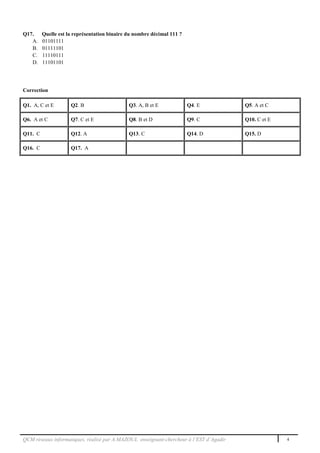QCM réseaux informatiques, réalisé par A.MAZOUL enseignant-chercheur à l’EST d’Agadir 4
Q17. Quelle est la représentation binaire du nombre décimal 111 ?
A. 01101111
B. 01111101
C. 11110111
D. 11101101
Correction
Q1. A, C et E Q2. B Q3. A, B et E Q4. E Q5. A et C
Q6. A et C Q7. C et E Q8. B et D Q9. C Q10. C et E
Q11. C Q12. A Q13. C Q14. D Q15. D
Q16. C Q17. A
 