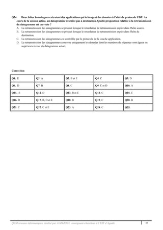 QCM réseaux informatiques, réalisé par A.MAZOUL enseignant-chercheur à l’EST d’Agadir 55
Q24. Deux hôtes homologues exécutent des applications qui échangent des données à l'aide du protocole UDP. Au
cours de la session active, un datagramme n'arrive pas à destination. Quelle proposition relative à la retransmission
du datagramme est correcte ?
A. La retransmission des datagrammes se produit lorsque le retardateur de retransmission expire dans l'hôte source.
B. La retransmission des datagrammes se produit lorsque le retardateur de retransmission expire dans l'hôte de
destination.
C. La retransmission des datagrammes est contrôlée par le protocole de la couche application.
D. La retransmission des datagrammes concerne uniquement les données dont les numéros de séquence sont égaux ou
supérieurs à ceux du datagramme actuel.
Correction
Q1. E Q2. A Q3. B et E Q4. C Q5. D
Q6. D Q7. B Q8. C Q9. C et D Q10. A
Q11. E Q12. D Q13. B et C Q14. C Q15. C
Q16. D Q17. B, D et E Q18. B Q19. C Q20. B
Q21. C Q22. C et E Q23. A Q24. C Q25.
 