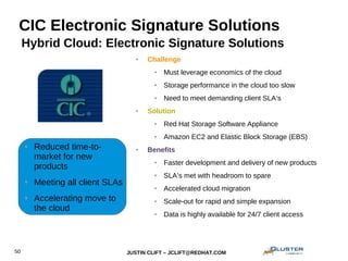 JUSTIN CLIFT – JCLIFT@REDHAT.COM50
CIC Electronic Signature Solutions
● Challenge
● Must leverage economics of the cloud
● Storage performance in the cloud too slow
● Need to meet demanding client SLA’s
● Solution
● Red Hat Storage Software Appliance
● Amazon EC2 and Elastic Block Storage (EBS)
● Benefits
● Faster development and delivery of new products
● SLA’s met with headroom to spare
● Accelerated cloud migration
● Scale-out for rapid and simple expansion
● Data is highly available for 24/7 client access
Hybrid Cloud: Electronic Signature Solutions
● Reduced time-to-
market for new
products
● Meeting all client SLAs
● Accelerating move to
the cloud
 