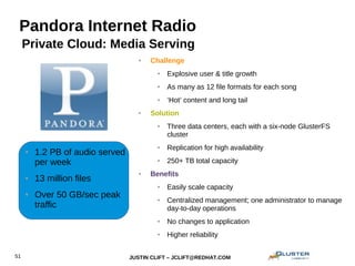 JUSTIN CLIFT – JCLIFT@REDHAT.COM51
Pandora Internet Radio
● Challenge
● Explosive user & title growth
● As many as 12 file formats for each song
● ‘Hot’ content and long tail
● Solution
● Three data centers, each with a six-node GlusterFS
cluster
● Replication for high availability
● 250+ TB total capacity
● Benefits
● Easily scale capacity
● Centralized management; one administrator to manage
day-to-day operations
● No changes to application
● Higher reliability
Private Cloud: Media Serving
● 1.2 PB of audio served
per week
● 13 million files
● Over 50 GB/sec peak
traffic
 