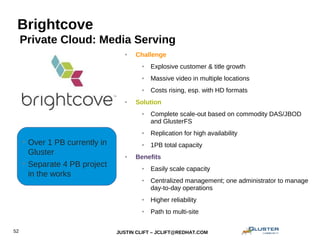 JUSTIN CLIFT – JCLIFT@REDHAT.COM52
Brightcove
• Over 1 PB currently in
Gluster
• Separate 4 PB project
in the works
Private Cloud: Media Serving
● Challenge
● Explosive customer & title growth
● Massive video in multiple locations
● Costs rising, esp. with HD formats
● Solution
● Complete scale-out based on commodity DAS/JBOD
and GlusterFS
● Replication for high availability
● 1PB total capacity
● Benefits
● Easily scale capacity
● Centralized management; one administrator to manage
day-to-day operations
● Higher reliability
● Path to multi-site
 
