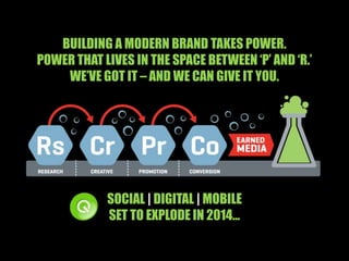 BUILDING A MODERN BRAND TAKES POWER.
POWER THAT LIVES IN THE SPACE BETWEEN ‘P’ AND ‘R.’
WE’VE GOT IT – AND WE CAN GIVE IT YOU.

SOCIAL | DIGITAL | MOBILE
SET TO EXPLODE IN 2014…

 