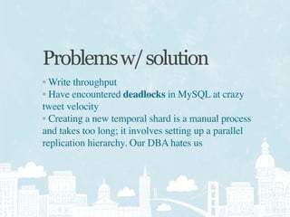 Problems w/ solution
• Write throughput
• Have encountered deadlocks in MySQL at crazy
tweet velocity
• Creating a new temporal shard is a manual process
and takes too long; it involves setting up a parallel
replication hierarchy. Our DBA hates us
 