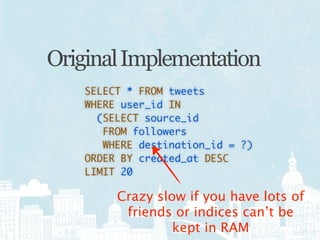 Original Implementation
    SELECT * FROM tweets
    WHERE user_id IN
      (SELECT source_id
       FROM followers
       WHERE destination_id = ?)
    ORDER BY created_at DESC
    LIMIT 20

         Crazy slow if you have lots of
          friends or indices can’t be
                  kept in RAM
 