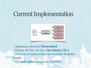 Current Implementation



• Sequences stored in Memcached
• Fanout off-line, but has a low latency SLA
• Truncate at random intervals to ensure bounded
length
• On cache miss, merge user timelines
 