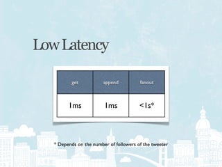 Low Latency

          get            append          fanout



         1ms             1ms             <1s*



   * Depends on the number of followers of the tweeter
 