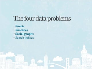 The four data problems
• Tweets
• Timelines
• Social graphs
• Search indices
 