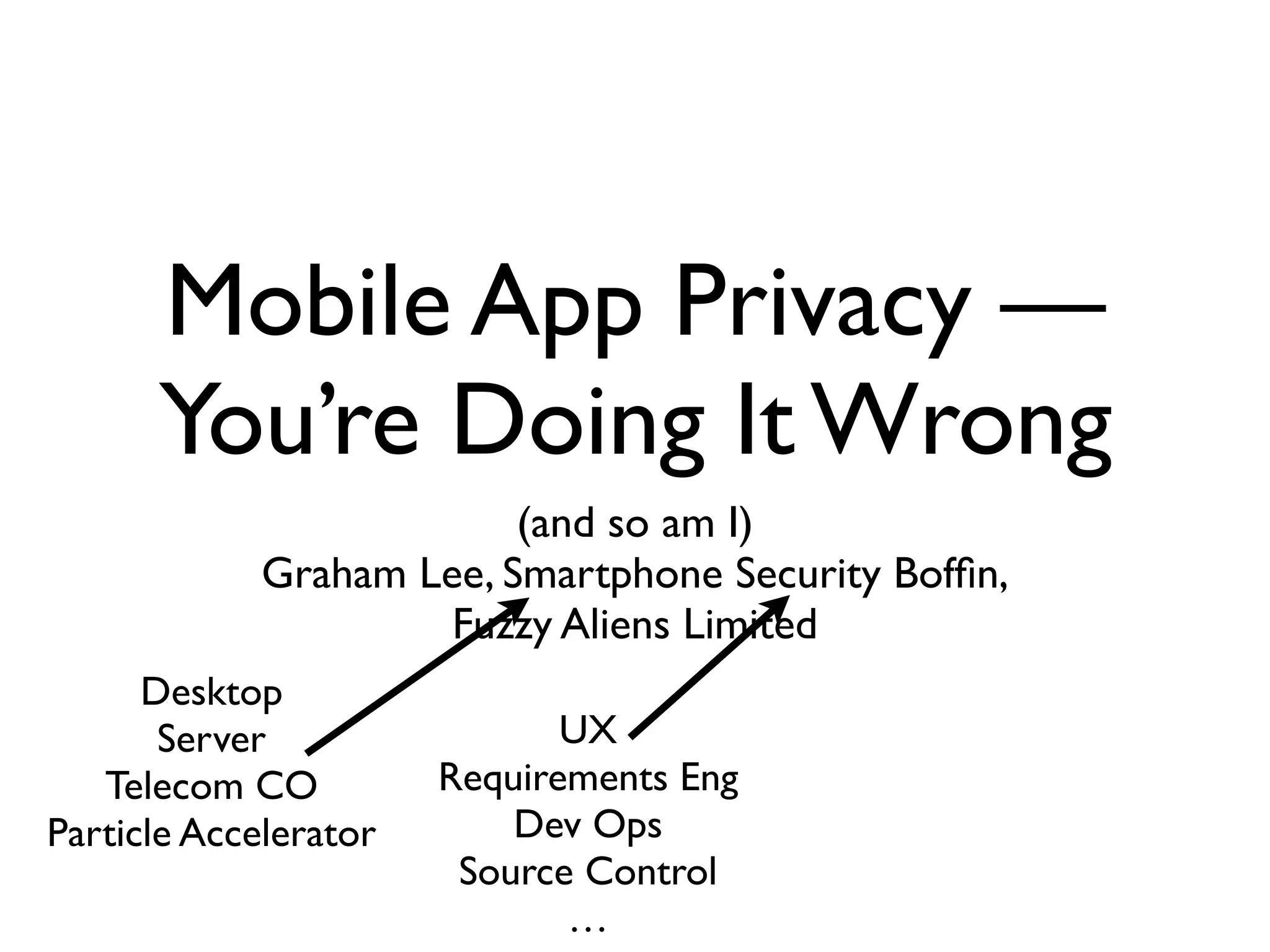 Mobile App Privacy —
      You’re Doing It Wrong
                          (and so am I)
             Graham Lee, Smartphone Security Bofﬁn,
                      Fuzzy Aliens Limited
      Desktop
       Server                 UX
   Telecom CO          Requirements Eng
Particle Accelerator       Dev Ops
                        Source Control
                              …
 