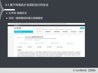  云市场-容器生态
 支持一键部署到阿里云容器服务
4.3 基于网络拓扑发现的运行时安全
 
