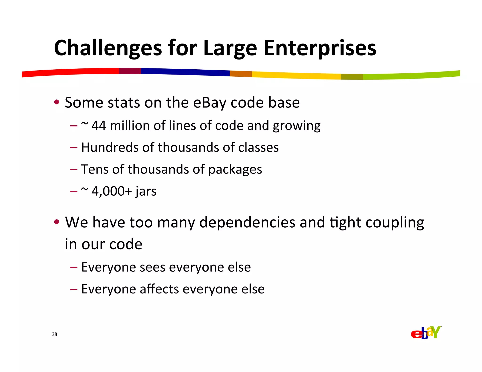 Challenges	
  for	
  Large	
  Enterprises	
  

•  Some	
  stats	
  on	
  the	
  eBay	
  code	
  base	
  
       –  ~	
  44	
  million	
  of	
  lines	
  of	
  code	
  and	
  growing	
  
       –  Hundreds	
  of	
  thousands	
  of	
  classes	
  
       –  Tens	
  of	
  thousands	
  of	
  packages	
  
       –  ~	
  4,000+	
  jars	
  

•  We	
  have	
  too	
  many	
  dependencies	
  and	
  Qght	
  coupling	
  
   in	
  our	
  code	
  
       –  Everyone	
  sees	
  everyone	
  else	
  
       –  Everyone	
  aﬀects	
  everyone	
  else	
  
	
  
38
 