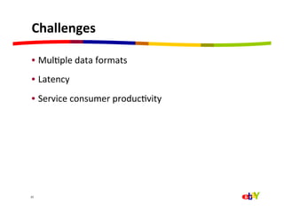 Challenges	
  

 •  MulQple	
  data	
  formats	
  
 •  Latency	
  
 •  Service	
  consumer	
  producQvity	
  




22	
  
 