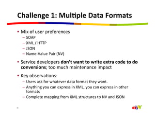 Challenge	
  1:	
  Mul=ple	
  Data	
  Formats	
  
 •  Mix	
  of	
  user	
  preferences	
  
         –  SOAP	
  
         –  XML	
  /	
  HTTP	
  
         –  JSON	
  
         –  Name-­‐Value	
  Pair	
  (NV)	
  
 •  Service	
  developers	
  don’t	
  want	
  to	
  write	
  extra	
  code	
  to	
  do	
  
    conversions;	
  too	
  much	
  maintenance	
  impact	
  
 •  Key	
  observaQons:	
  
         –  Users	
  ask	
  for	
  whatever	
  data	
  format	
  they	
  want.	
  
         –  Anything	
  you	
  can	
  express	
  in	
  XML,	
  you	
  can	
  express	
  in	
  other	
  
            formats	
  
         –  Complete	
  mapping	
  from	
  XML	
  structures	
  to	
  NV	
  and	
  JSON	
  

23	
  
 