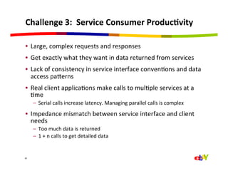 Challenge	
  3:	
  	
  Service	
  Consumer	
  Produc=vity	
  

 •  Large,	
  complex	
  requests	
  and	
  responses	
  
 •  Get	
  exactly	
  what	
  they	
  want	
  in	
  data	
  returned	
  from	
  services	
  
 •  Lack	
  of	
  consistency	
  in	
  service	
  interface	
  convenQons	
  and	
  data	
  
    access	
  pajerns	
  
 •  Real	
  client	
  applicaQons	
  make	
  calls	
  to	
  mulQple	
  services	
  at	
  a	
  
    Qme	
  
         –  Serial	
  calls	
  increase	
  latency.	
  Managing	
  parallel	
  calls	
  is	
  complex	
  
 •  Impedance	
  mismatch	
  between	
  service	
  interface	
  and	
  client	
  
    needs	
  
         –  Too	
  much	
  data	
  is	
  returned	
  
         –  1	
  +	
  n	
  calls	
  to	
  get	
  detailed	
  data	
  


30	
  
 